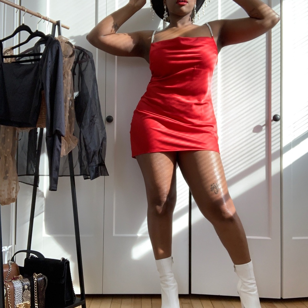 Red silk mini dress